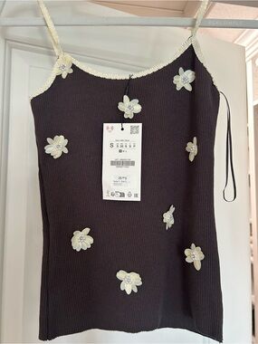 Zara Brown Ribbed Tank with Cream Floral Appliques